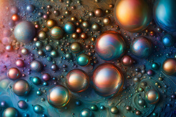 Obraz na płótnie Canvas Radiant Metallic Spheres: Multicolored Shimmering Bubble Extravaganza background