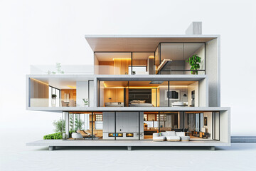 3D rendering Cross-section of a future modern house 