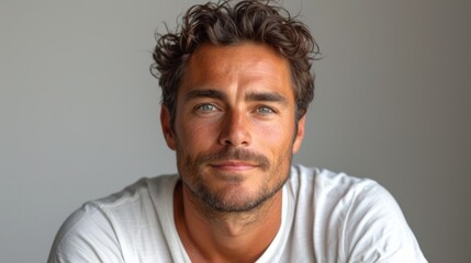 Fototapeta premium A Man with a Stubble Beard and Sun-Kissed Skin., The Face of a Young Man with a Smile., A Close-Up of a Man's Facial Features., A Portrait of a Man with a White T-Shirt..