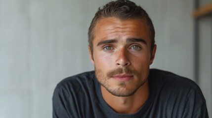Obraz premium A Man with a Beard and Blue Eyes, The Face of a Young Man, Portrait of a Man with Brown Hair, Close-up of a Man's Face.