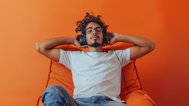 Handsome man listening to music while sitting in comfortable armchair against color wall