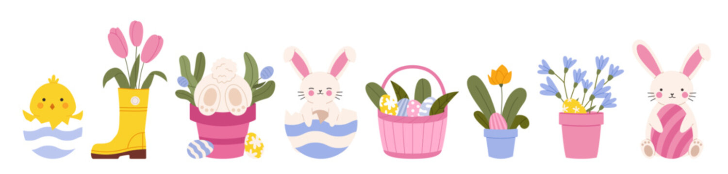 Set of cute Easter cartoon characters