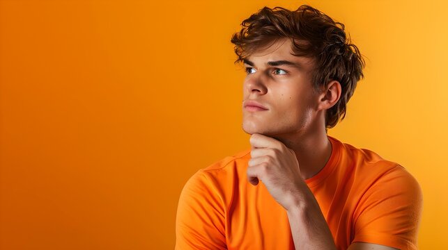 Thoughtful young man in orange shirt against yellow background. pensive expression, casual style, contemplating. AI