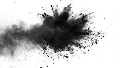 Black particles explosion isolated on white background. Abstract dust overlay texture. - obrazy, fototapety, plakaty