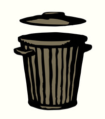 Iron trash can isolated on white. Black ink hand drawn sign