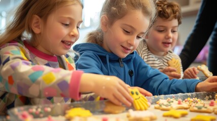 Fototapeta premium Children enjoying a fun and educational cookie decorating workshop with quilted cookies, promoting creativity