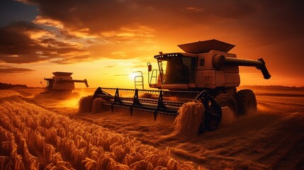 Fototapeta premium Combine harvesters threshing wheat in the rural farm fields during harvest season