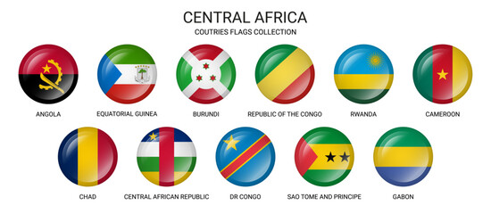 Flags of Central Africa countries. Round button badge. Vector and PNG on transparent background.