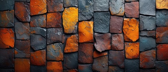 Colorful Stone Wall, Vibrant Mosaic Tiles, Eye-catching Patterned Wall, Artistic Display of Colorful Bricks. - obrazy, fototapety, plakaty