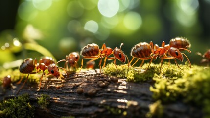 Group of red ant on the tree in the forest, teamwork concept