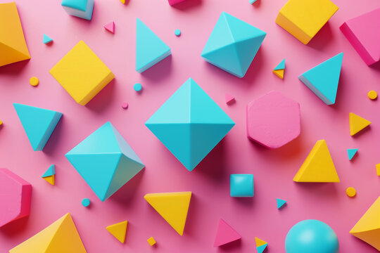 3D rendering of pink blue yellow geometric shape patterns colourful geometric shape patterns