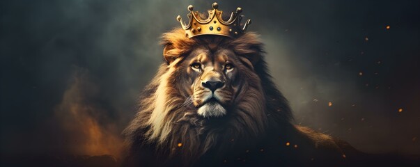 The Symbolic Strength and Nobility of a Regal Lion Wearing a Crown. Concept Animal symbolism, Lion characteristics, Royal imagery, Crown symbolism - obrazy, fototapety, plakaty