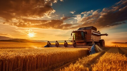 Fototapeta premium Harvesting wheat. modern combine harvesters efficiently threshing in the expansive golden field.