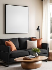 Mockup poster frame in a mid-century modern living room, home interior background