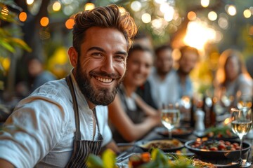 Charismatic male chef with a warm smile serving food at a lively outdoor dinner party