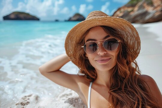 Cheerful woman in a straw hat and sunglasses enjoys the sun on a white sandy beach and turquoise waters