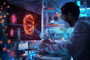 illustration of a scientist doing research on nuclear in hologram form, dark background, computer monitor, physics experiment glass, 3D rendering