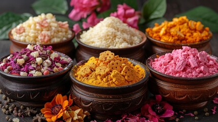 Greeting card showing Indian sweet and salty food, flowers and powder colours arranged over a white background or clay. Selective focus.