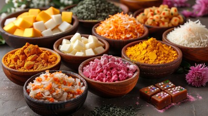 An Indian-style greeting card showing sweet and salty food, flowers and powder colors arranged on white clay or background.