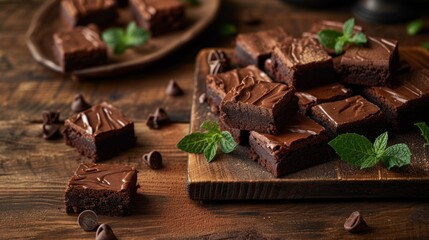 Homemade chocolate brownies on rustic wooden background, selective focus - obrazy, fototapety, plakaty