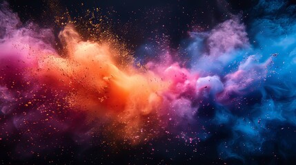 Multicolor powder explosion on a black background. Colorful clouds. Colorful dust explodes. Paint Holi.