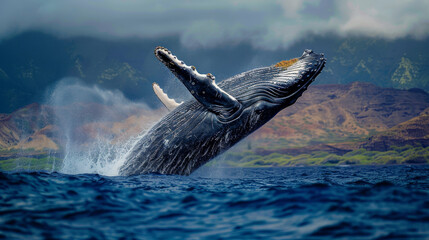 A majestic humpback whale breaches powerfully over the ocean, with mountainous backdrop - obrazy, fototapety, plakaty