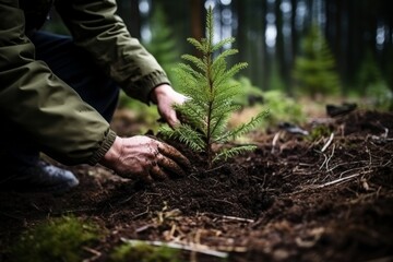 Dedicated foresters planting young trees in lush forest for reforestation efforts