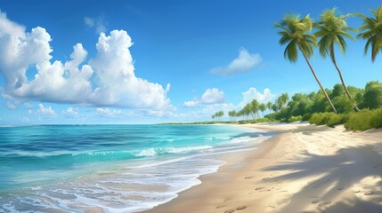 Fototapeta na wymiar Beautiful beach and tropical sea. Seascape.Beautiful sandy beach with clear turquoise ocean and palm trees. .Photorealistic illustrartion