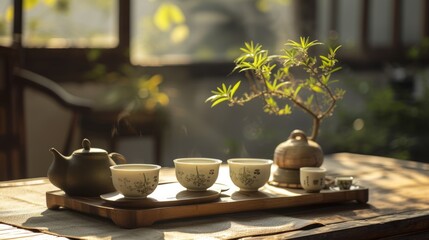 Tempting image of a traditional tea ceremony presented on a wooden tabletop, copy space for text. Tea cup