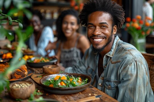 A vibrant and inviting image of a man with afro hair smiling at a meal in a busy, plant-filled restaurant setting