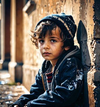 A boy sits quietly against a crumbling urban wall, his jacket stained with paint, mirroring the wall's own decay. His gaze is filled with stories untold. AI generation