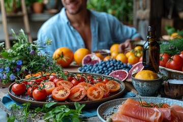 Fototapeta premium A mouthwatering spread of fresh Mediterranean cuisine, featuring tomatoes, salmon, and fruits, offering a sensory feast