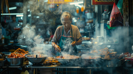 A lively street food scene with a vendor cooking amidst smoke and market chaos, capturing local culture