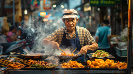 An experienced male chef skillfully prepares food in a night market setting, showcasing culinary tradition