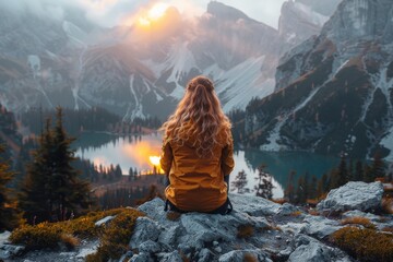 A woman in a yellow jacket sits peacefully on a cliff, looking at a mountain sunrise reflecting in a lake
