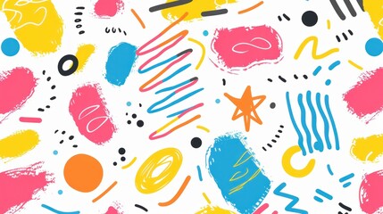 Fun colorful line doodle seamless pattern. Creative minimalist style art background for children or trendy design with basic shapes. Simple childish scribble backdrop 