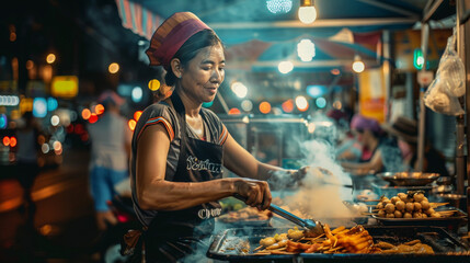 Woman preparing food on the grill at a vibrant night market, surrounded by glowing lights