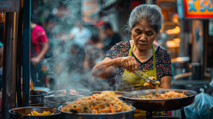 A mature woman meticulously prepares traditional dishes at a street food market, surrounded by the hustle - obrazy, fototapety, plakaty