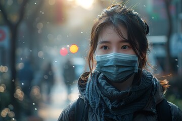 An atmospheric shot of a young woman wearing a mask on a city street with defocused lights creating a bokeh effect