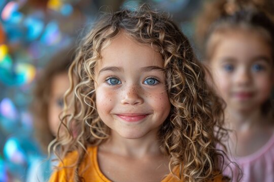 An endearing image of a young girl with curly hair and freckles, projecting a bright and cheerful demeanor