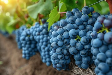 A vibrant and detailed shot capturing the rich blue tones of ripe grape clusters ready for harvest in a vineyard - obrazy, fototapety, plakaty