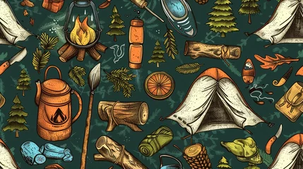 Foto op Canvas Hand drawn camping seamless pattern. Vector background.  © Emil