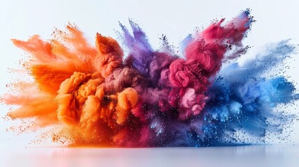 A white background is adorned with colored powder explosions.