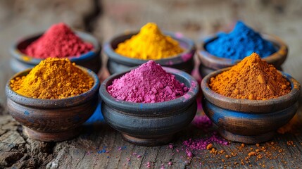 Colourful gulal (powder colors) for Happy Holi festival on sawed wood.