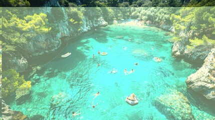 people swimming in blue azure lake. summer travel.