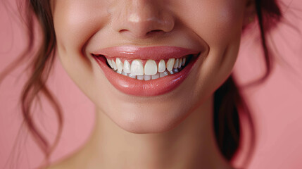 A close-up of a woman's smile with a blurred square, focusing on dental beauty and partial facial...