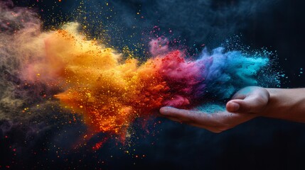 Creating a vibrant cloud of dust with rainbow colors on a black background is a concept for the Holi festival. - obrazy, fototapety, plakaty