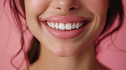 Detailed view of a smiling woman showing imperfect teeth, presenting natural beauty and self-acceptance