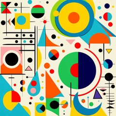 Abstract geometric pattern with circles, squares and lines.