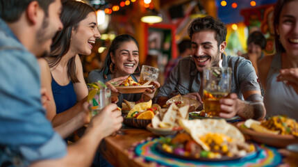 A lively scene of friends sharing laughs and food around a table in a vibrant restaurant, embodying the joy of friendship and social gatherings